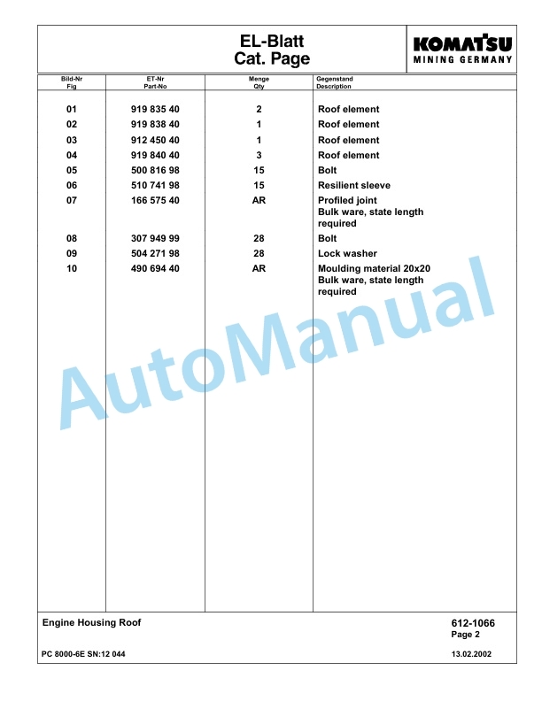 Komatsu PC8000-6E Hydraulic Excavator Parts Manual G12044 3 Komatsu PC8000-6E Hydraulic Excavator Parts Manual G12044-3