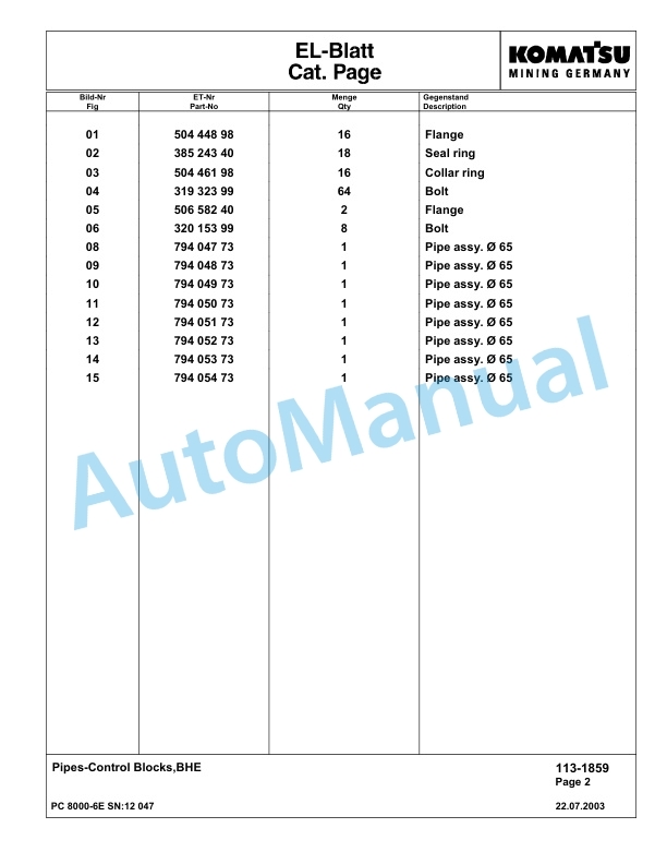 Komatsu PC8000-6E Hydraulic Excavator Parts Manual G12047 2 Komatsu PC8000-6E Hydraulic Excavator Parts Manual G12047-2
