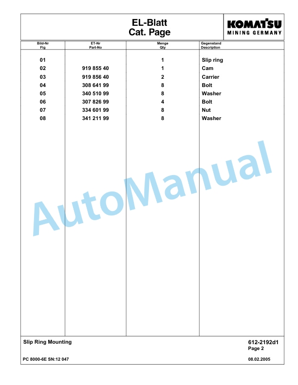 Komatsu PC8000-6E Hydraulic Excavator Parts Manual G12047 4 Komatsu PC8000-6E Hydraulic Excavator Parts Manual G12047-4