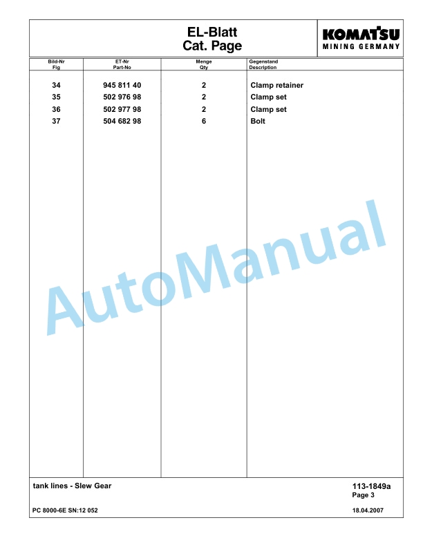 Komatsu PC8000-6E Hydraulic Excavator Parts Manual G12052 2 Komatsu PC8000-6E Hydraulic Excavator Parts Manual G12052-2