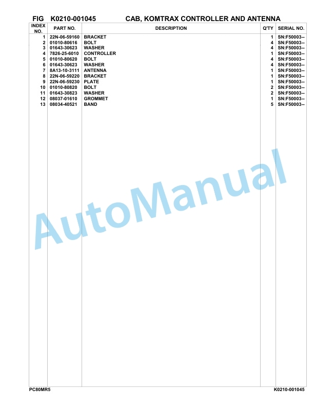Komatsu PC80MR-5 Hydraulic Excavator Parts Manual F50003-UP 3 Komatsu PC80MR-5 Hydraulic Excavator Parts Manual F50003-UP-3