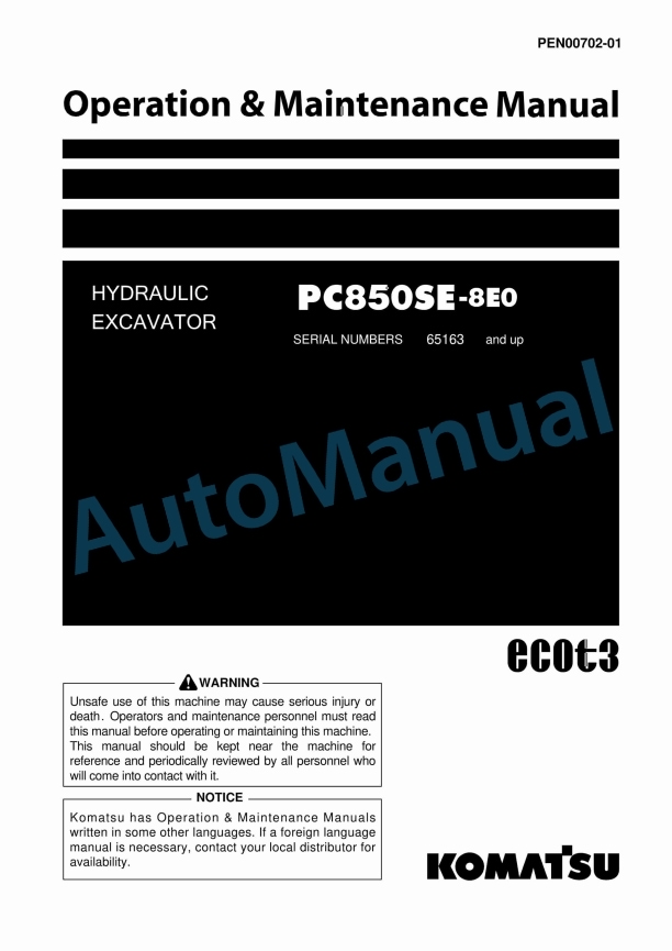 Komatsu PC850SE-8E0 Hydraulic Excavator Operation and Maintenance Manual PEN00702-01
