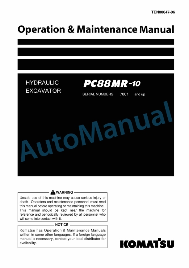 Komatsu PC88MR-10 Hydraulic Excavator Operation and Maintenance Manual TEN00647-06