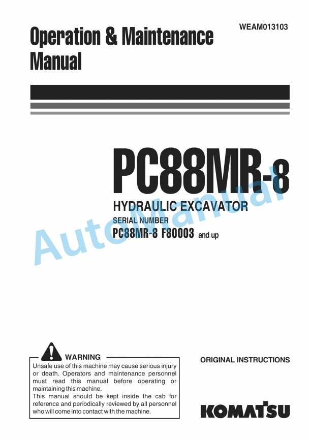 Komatsu PC88MR-8 Hydraulic Excavator Operation and Maintenance Manual WEAM013103