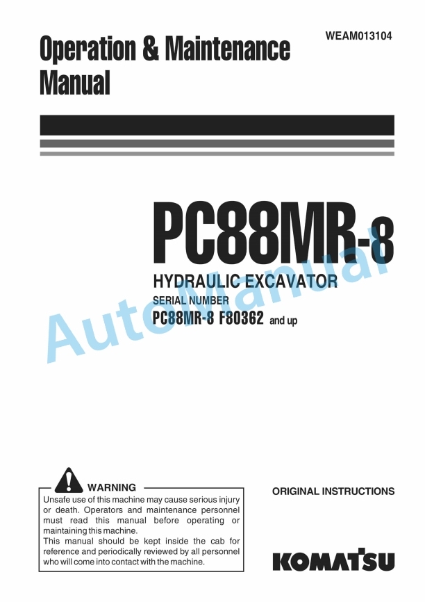 Komatsu PC88MR-8 Hydraulic Excavator Operation and Maintenance Manual WEAM013104