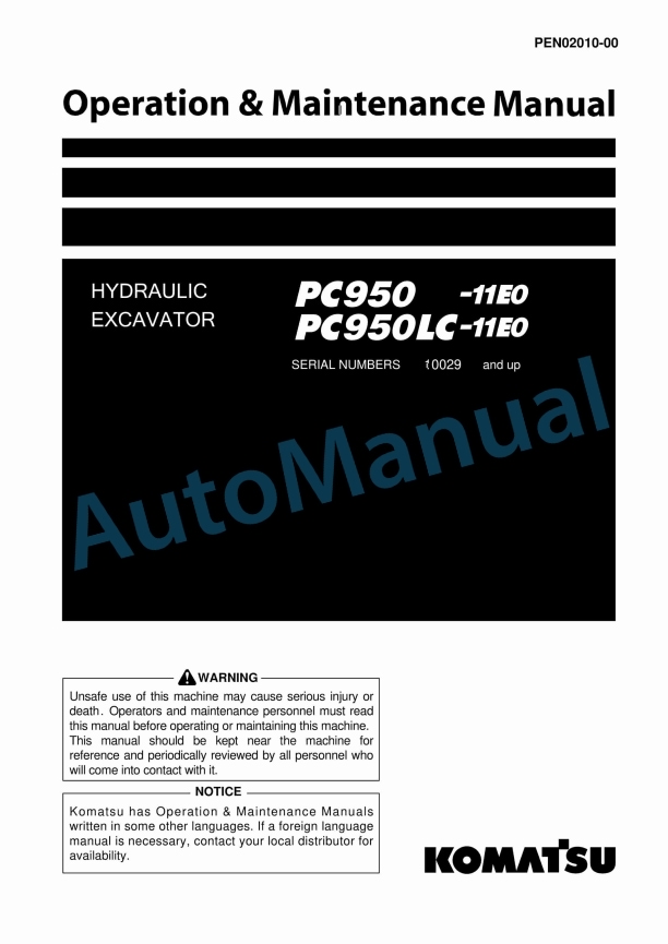 Komatsu PC950-11E0, PC950LC-11E0 Hydraulic Excavator Operation and Maintenance Manual PEN02010-00