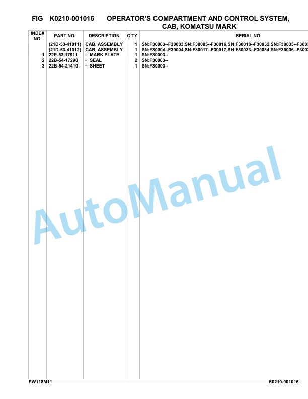 Komatsu PW118MR-11 Hydraulic Excavator Parts Manual F30003-UP 3 Komatsu PW118MR-11 Hydraulic Excavator Parts Manual F30003-UP-3