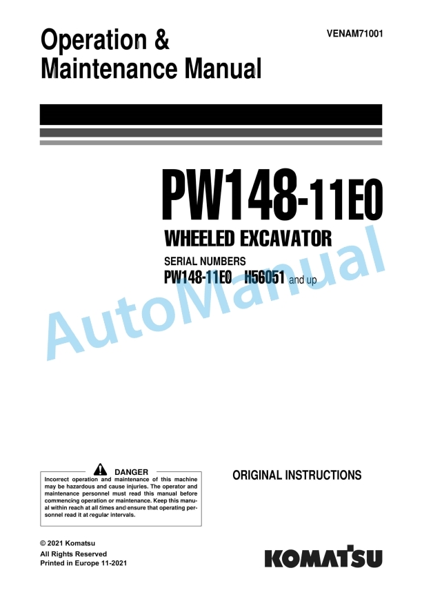 Komatsu PW148-11E0 Wheeled Excavator Operation and Maintenance Manual VENAM71001