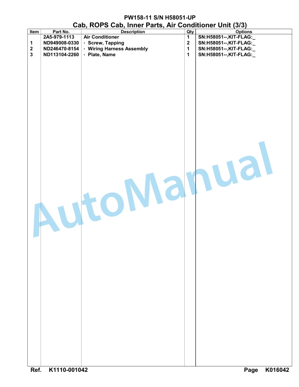 Komatsu PW158-11 Hydraulic Excavator Parts Manual PW00005H 3 Komatsu PW158-11 Hydraulic Excavator Parts Manual PW00005H-3