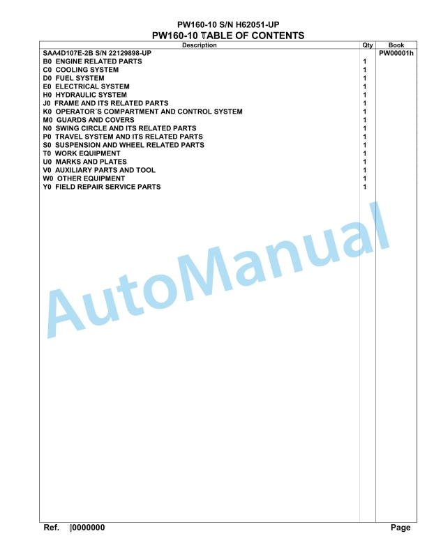 Komatsu PW160-10 Hydraulic Excavator Parts Manual PW00001H