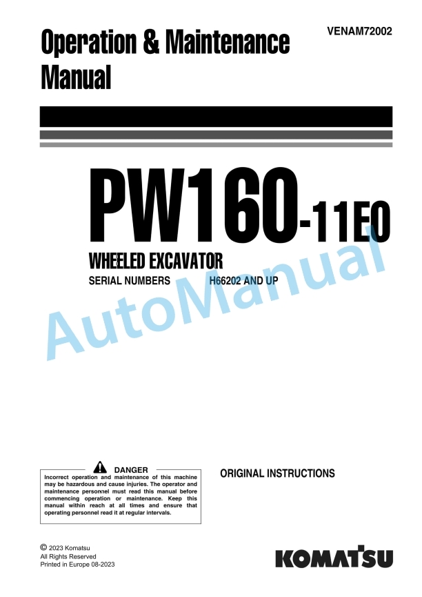 Komatsu PW160-11E0 Wheeled Excavator Operation and Maintenance Manual VENAM72002