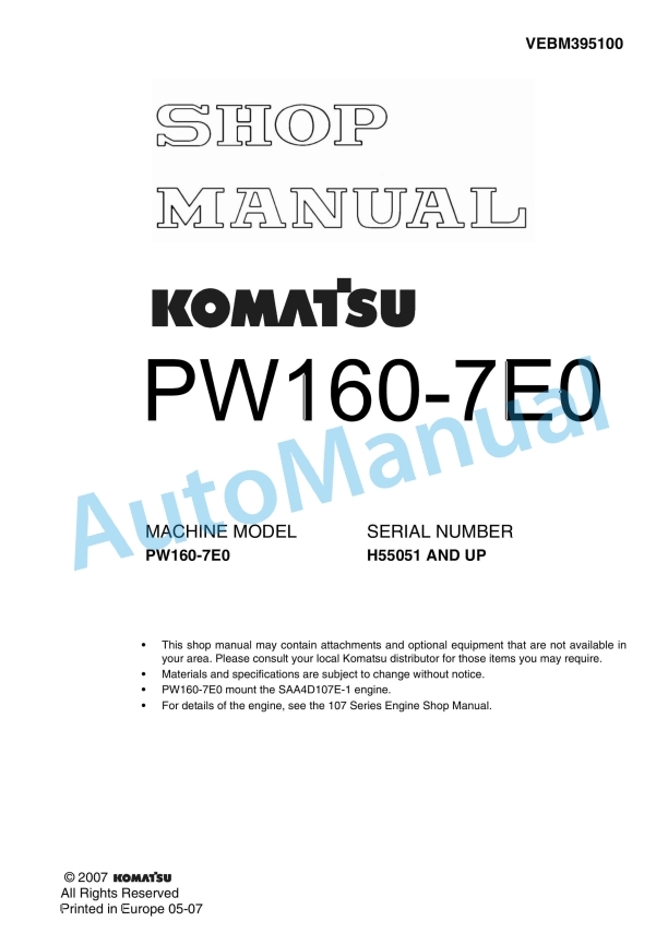 Komatsu PW160-7E0 Wheel Excavator Shop Manual VEBM395100