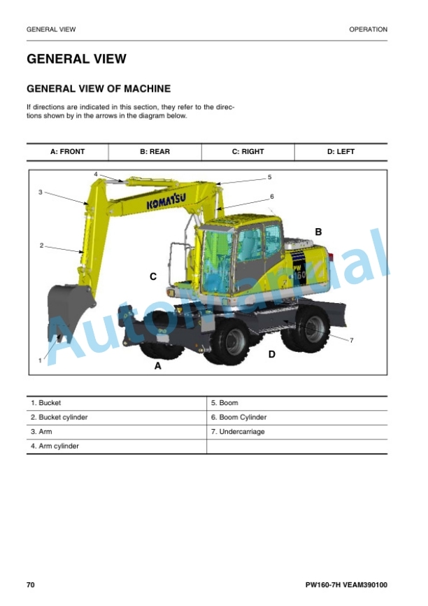 Alternative view of Komatsu PW160-7H Wheeled Excavator Operation and Maintenance Manual VEAM390100