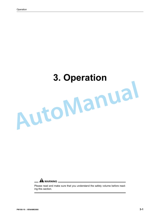 Alternative view of Komatsu PW180-10 Wheeled Excavator Operation and Maintenance Manual VENAM63000