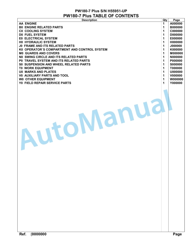 Komatsu PW180-7 Plus Hydraulic Excavator Parts Manual H55951-UP