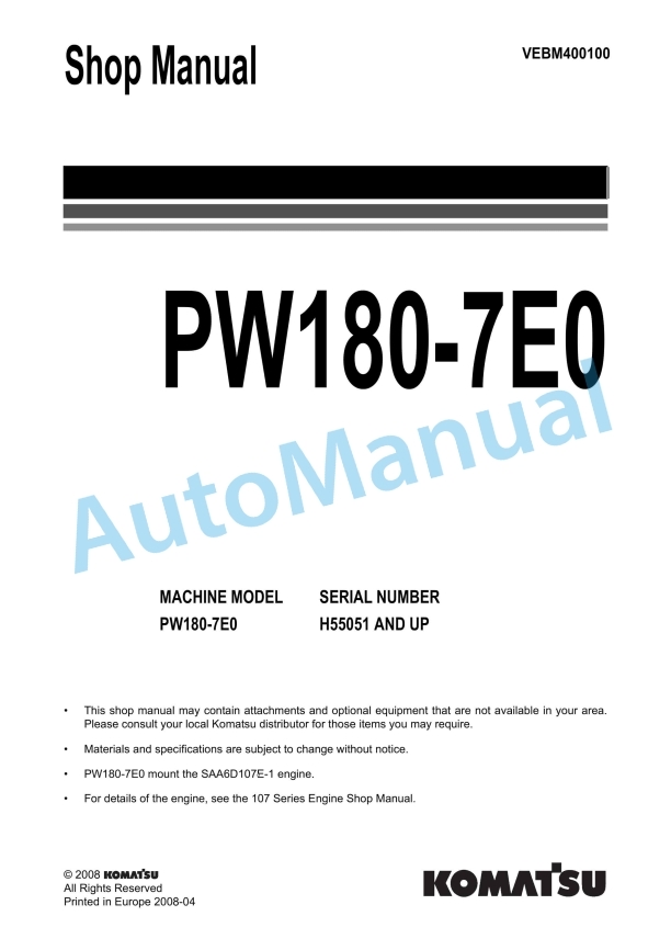 Komatsu PW180-7E0 Wheel Excavator Shop Manual VEBM400100