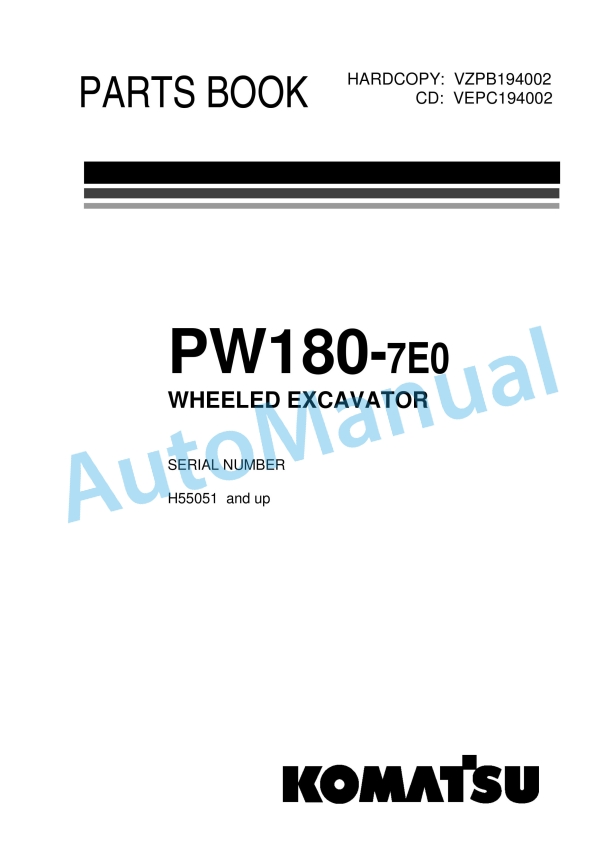 Komatsu PW180-7E0 Wheeled Excavator Parts Manual VZPB194002