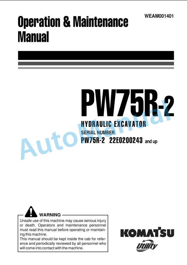 Komatsu PW75R-2 Hydraulic Excavator Operation and Maintenance Manual WEAM001401