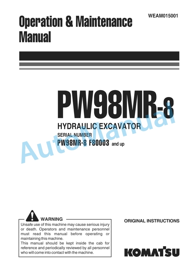 Komatsu PW98MR-8 Hydraulic Excavator Operation and Maintenance Manual WEAM015001