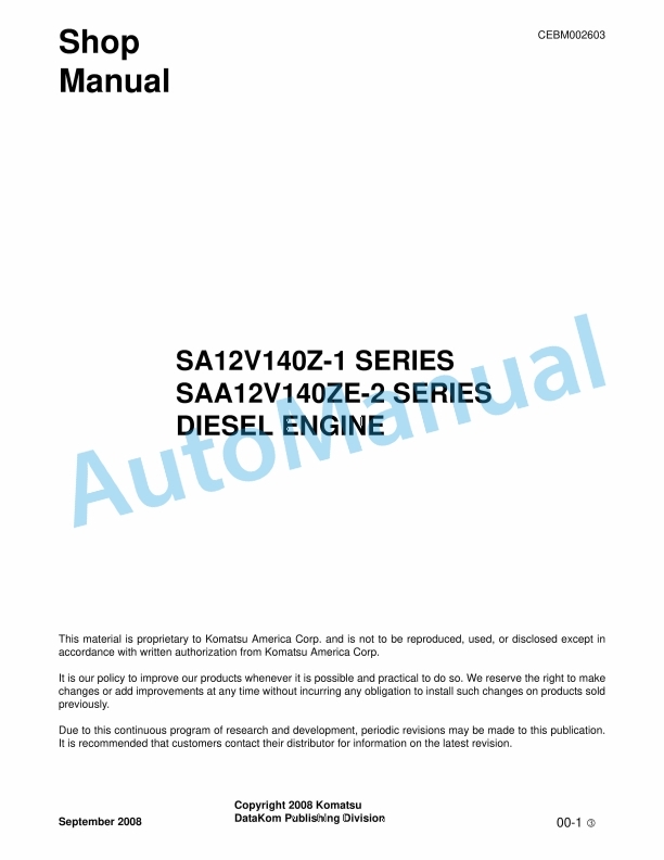 Komatsu SA12V140Z-1, SAA12V140ZE-2 Series Diesel Engine Shop Manual CEBM002603