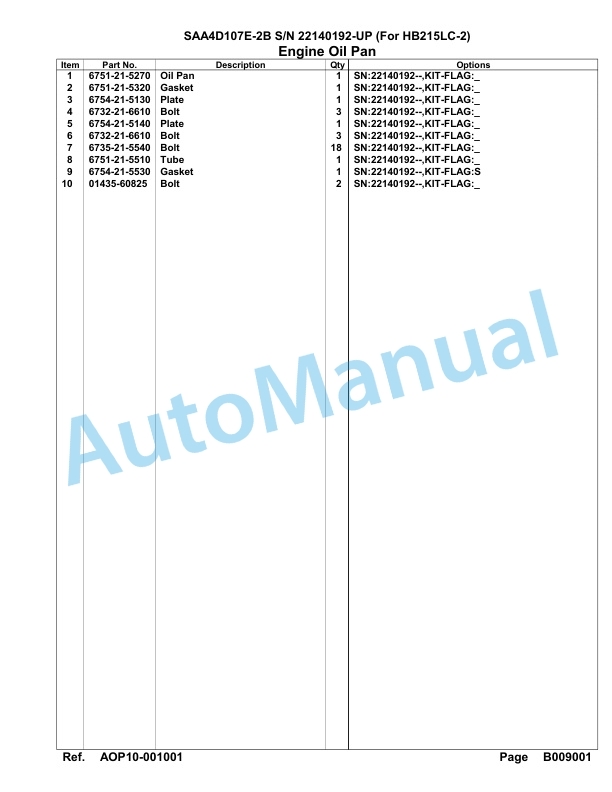 Komatsu SAA4D107E-2B Engine For HB215LC-2 Parts Manual 22140192 Up For HB215LC-2-3