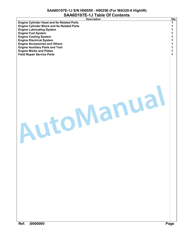 Komatsu SAA6D107E-1J Engine Parts Manual H00059 - H00256 (For WA320-6 Highlift)