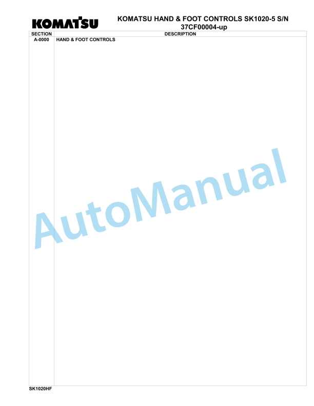 Komatsu SK1020-5 Hand Foot Control Parts Manual 37CF00004-up 1 Komatsu SK1020-5 Hand Foot Control Parts Manual 37CF00004-up