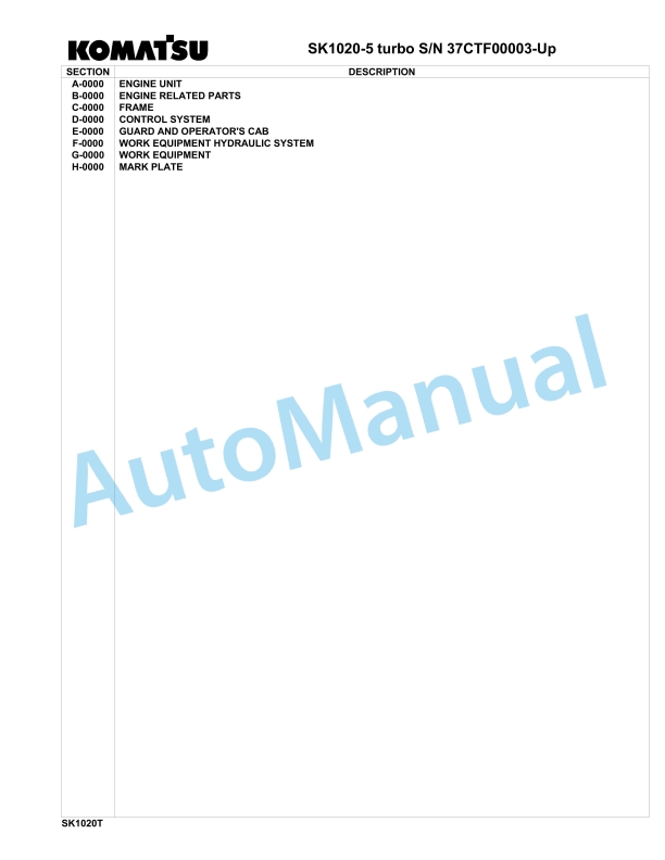 Komatsu SK1020-5 Turbo Skid Loader Parts Manual 37CTF00003-Up 1 Komatsu SK1020-5 Turbo Skid Loader Parts Manual 37CTF00003-Up