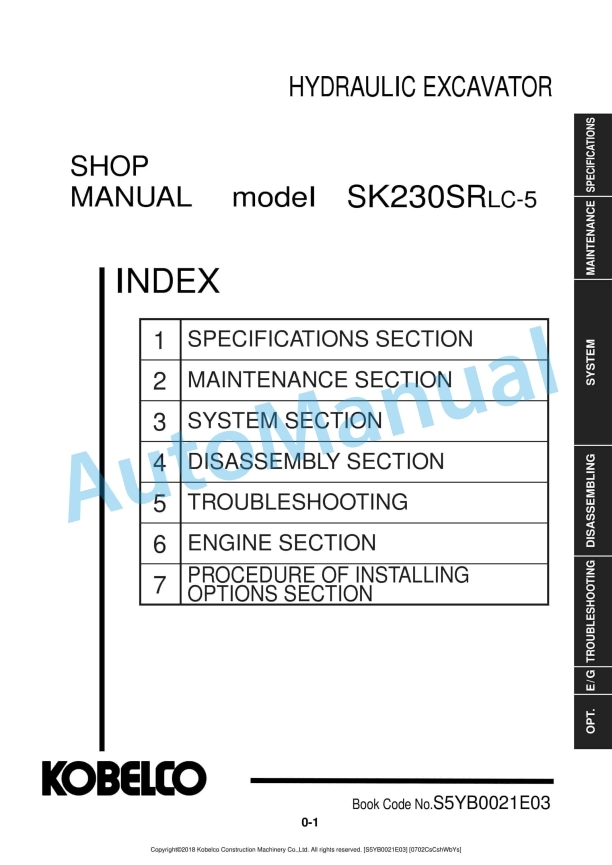 Komatsu SK230SRLC-5 Hydraulic Excavator Shop Manual S5YB0021E03