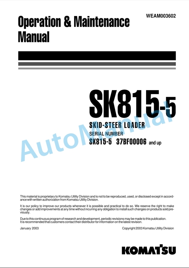 Komatsu SK815-5 Skid Steer Loader Operation and Maintenance Manual WEAM003602
