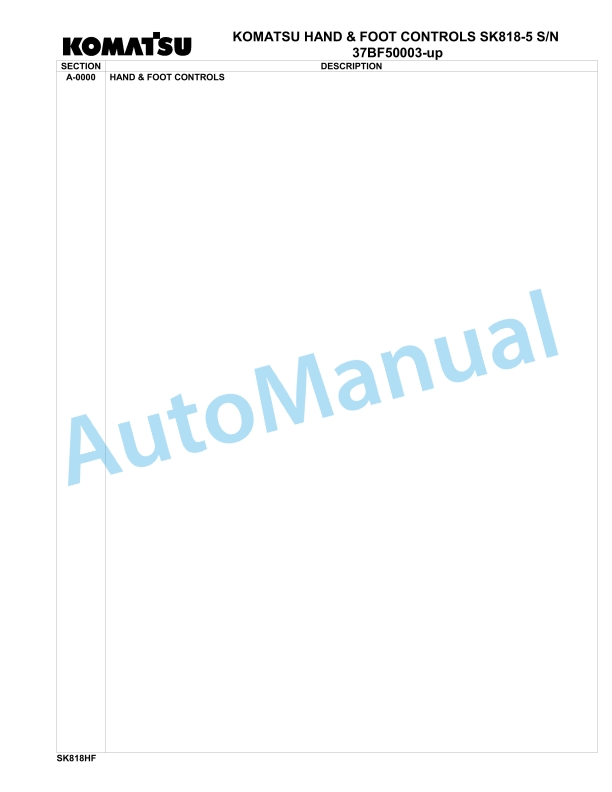 Komatsu SK818-5 Hand Foot Control Parts Manual 37BF50003-up 1 Komatsu SK818-5 Hand Foot Control Parts Manual 37BF50003-up