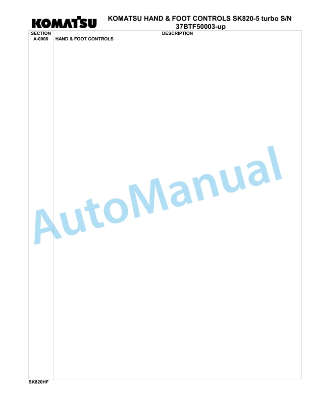 Komatsu SK820-5 Turbo Hand Foot Control Parts Manual 37BTF50003-up 1 Komatsu SK820-5 Turbo Hand Foot Control Parts Manual 37BTF50003-up