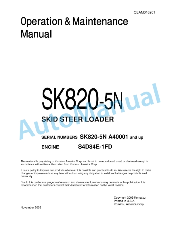 Komatsu SK820-5N Skid Steer Loader Operation and Maintenance Manual CEAM016201