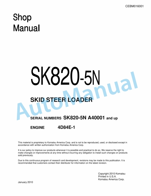 Komatsu SK820-5N Skid Steer Loader Shop Manual CEBM016001