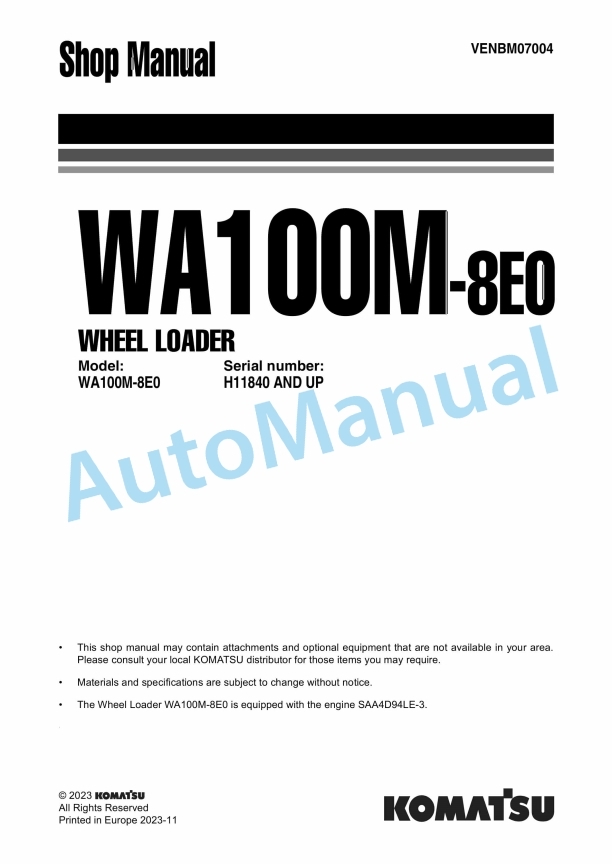 Komatsu WA100M-8E0 Wheel Loader Shop Manual VENAM07004