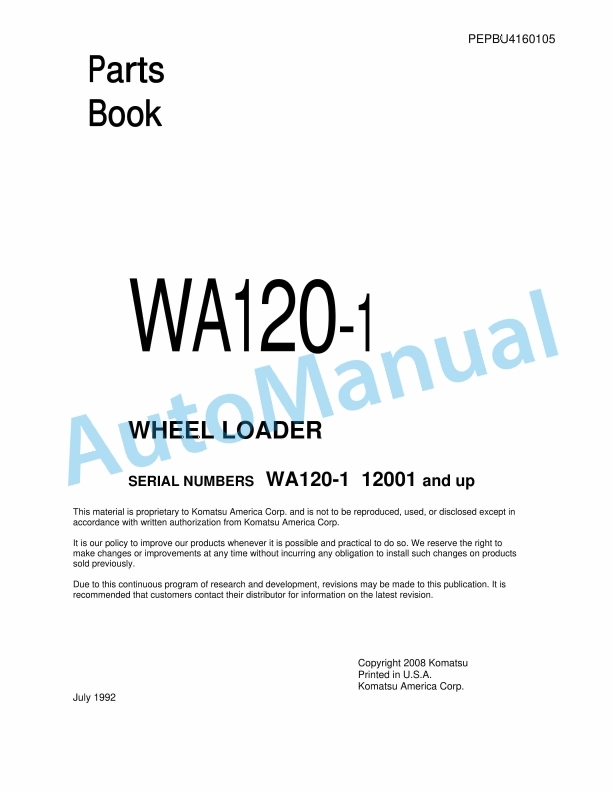 Komatsu WA120-1 Wheel Loader Parts Manual PEPBU4160105 1 Komatsu WA120-1 Wheel Loader Parts Manual PEPBU4160105