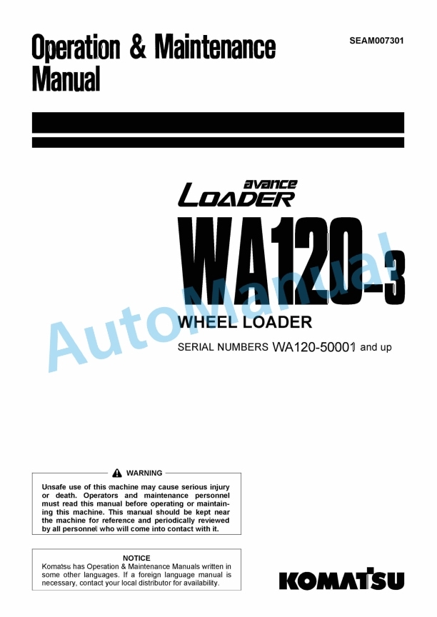 Komatsu WA120-3 Avance Wheel Loader Operation and Maintenance Manual SEAM007301