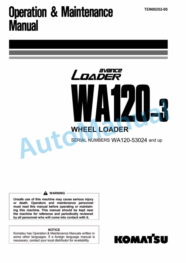 Komatsu WA120-3 Avance Wheel Loader Operation and Maintenance Manual TEN00252-00