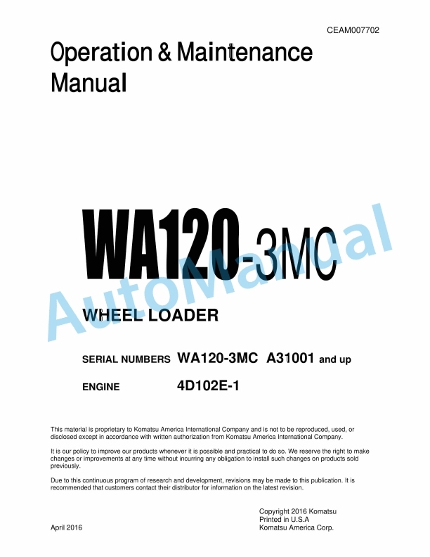 Komatsu WA120-3MC Wheel Loader Operation and Maintenance Manual CEAM007702