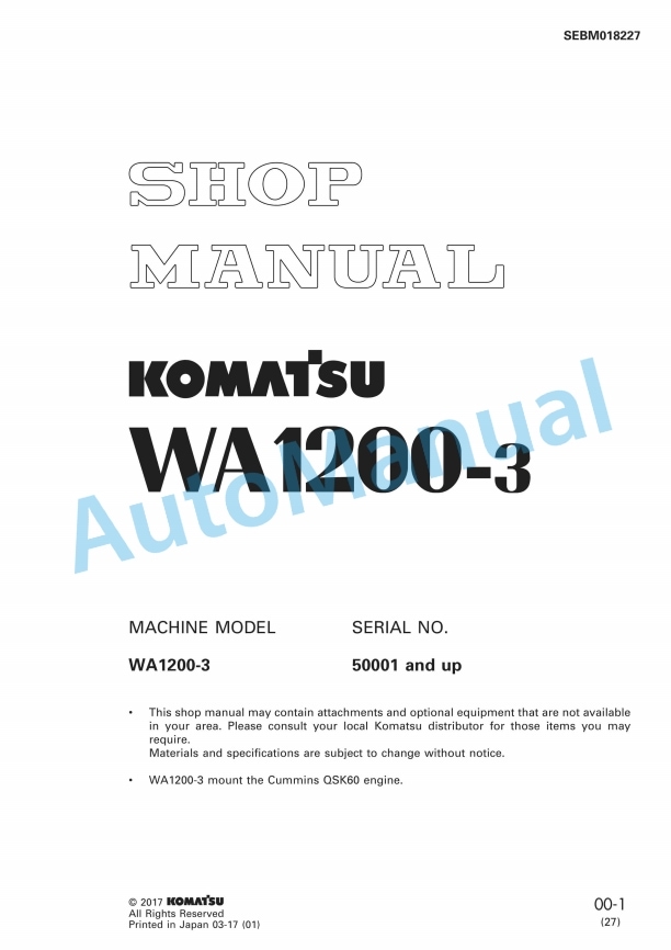 Komatsu WA1200-3 Wheel Loader Shop Manual SEBM018227