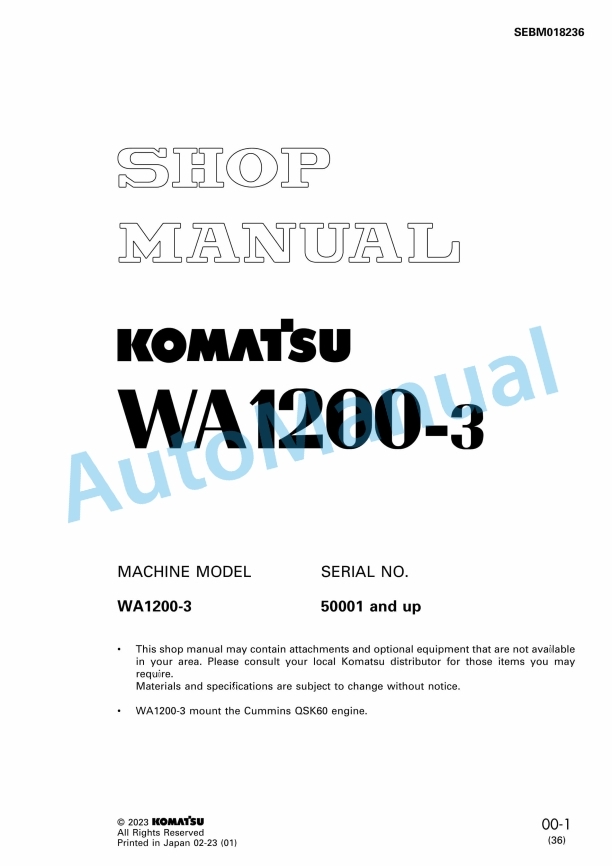 Komatsu WA1200-3 Wheel Loader Shop Manual SEBM018236