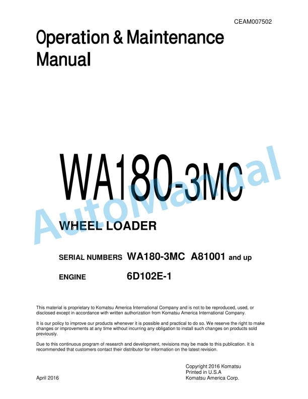Komatsu WA180-3MC Wheel Loader Operation and Maintenance Manual CEAM007502