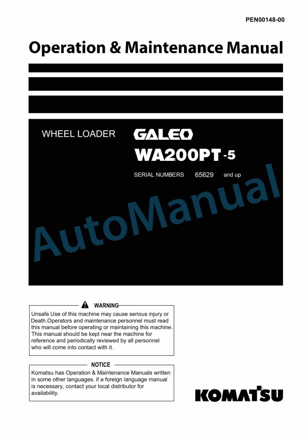 Komatsu WA200PT-5 Galeo Wheel Loader Operation and Maintenance Manual PEN00148-00