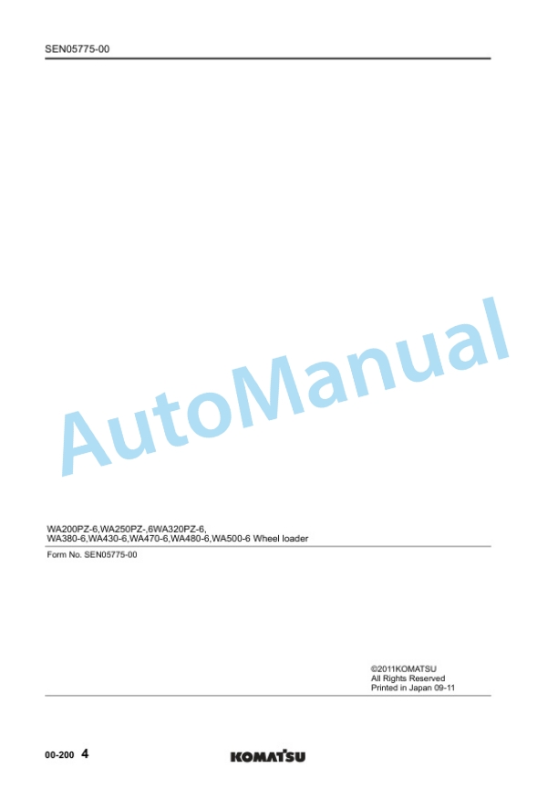 Komatsu WA200PZ-6, WA250PZ-6, WA320PZ-6, WA380-6, WA430-6, WA470-6, WA480-6, WA500-6 Wheel Loader Shop Manual SEN05663-00 2 Komatsu WA200PZ-6, WA250PZ-6, WA320PZ-6, WA380-6, WA430-6, WA470-6, WA480-6, WA500-6 Wheel Loader Shop Manual SEN05663-00 - Image 2