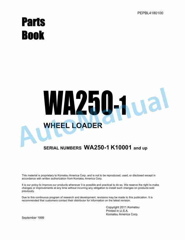 Komatsu WA250-1 Wheel Loader Parts Manual PEPBL4180100 1 Komatsu WA250-1 Wheel Loader Parts Manual PEPBL4180100