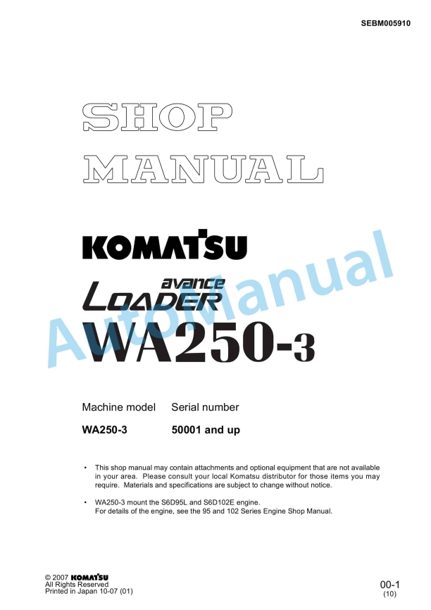 Komatsu WA250-3 Avance Loader Shop Manual SEBM005910 1 Komatsu WA250-3 Avance Loader Shop Manual SEBM005910
