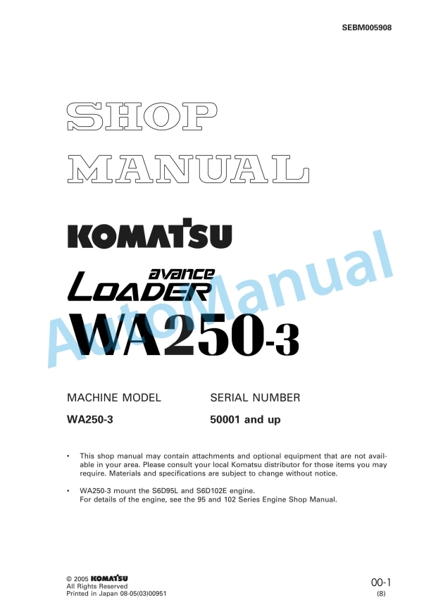 Komatsu WA250-3 Avance Wheel Loader Shop Manual SEBM005908 1 Komatsu WA250-3 Avance Wheel Loader Shop Manual SEBM005908