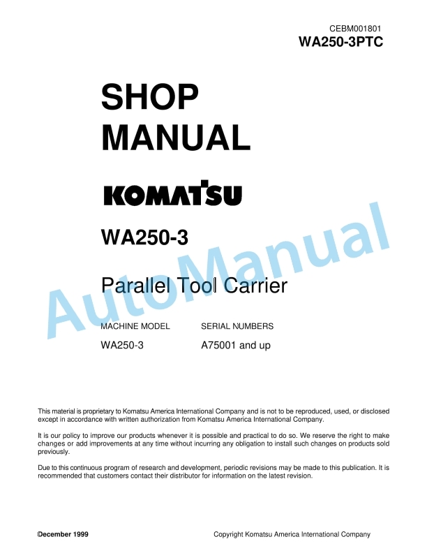 Komatsu WA250-3 Parallel Tool Carrier Shop Manual CEBM001801 1 Komatsu WA250-3 Parallel Tool Carrier Shop Manual CEBM001801