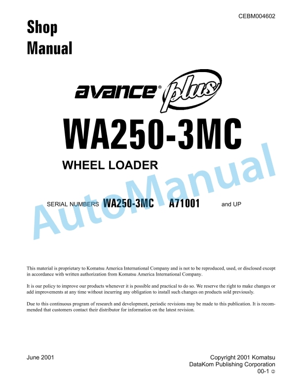 Komatsu WA250-3MC Wheel Loader Shop Manual CEBM004602 1 Komatsu WA250-3MC Wheel Loader Shop Manual CEBM004602