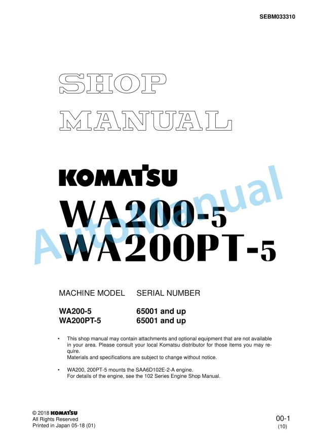 Komatsu WA250-5, WA250PT-5 Wheel Loader Shop Manual SEBM033310 1 Komatsu WA250-5, WA250PT-5 Wheel Loader Shop Manual SEBM033310